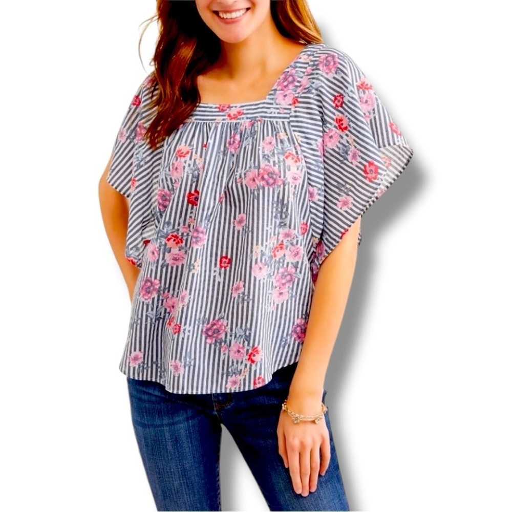 Time & Tru Size M (8-10) Blue/Pink/White Stripes & Floral Bohemian Style Blouse